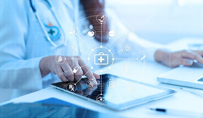 A Doctor Using A Tablet With Medical Icons To Provide Personalized Client Care Through Healthcare Technology